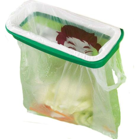 Un support suspendu pour sacs poubelles, pour placards de cuisine, 22 cm x 12,5 cm, vert et blanc. (1/5)