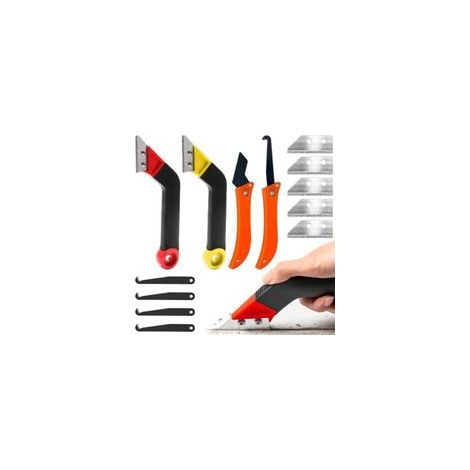 Grattoir à joints de carrelage, 13 pièces, avec 9 lames de rechange, pour le nettoyage des carreaux (rouge et jaune) (1/5)