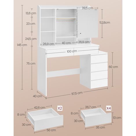 Vasagle – Coiffeuse enfant avec grand miroir LED – 7 compartiments ouverts, 6 tiroirs, étagères réglables – Dimensions 40 x 117,5 x 145 cm – Blanc nuage — vue 4