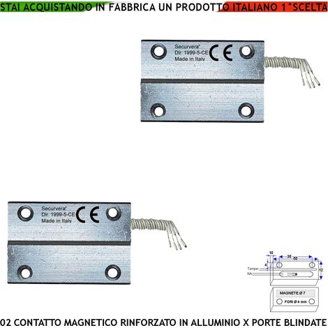 Rilevatori Magnetici Corrazzati in Alluminio Con Fori di Fissaggio 2 Pezzi Per Antifurto Cancelli Ferro Sensori Reed NC Sesibilità 20 mm Max 30 V 10 W Carico Resistivo 4 Fili 2 NC e 2 Tamper Pr IP65