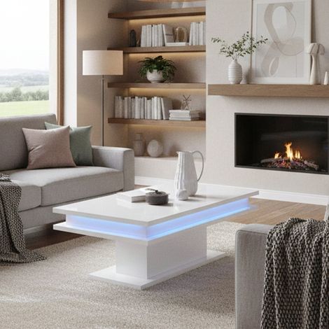 Dmora Table basse, Made in Italy, Table de salon, avec éclairage LED, 100x55h42 cm, couleur blanc brillant, avec emballage renforcé (1/4)