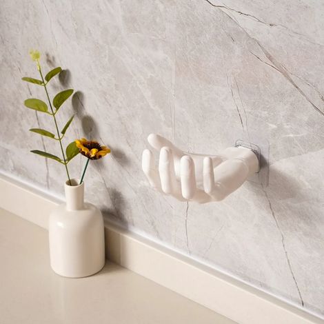 (Blanc) Étagère murale de rangement pratique et facile à installer, crochet robuste et sans joint en forme de main, étagère créative pour salle de bain ou bureau. (1/5)