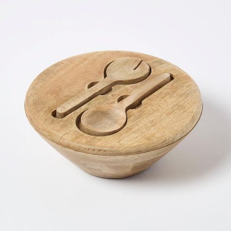 HOMESCAPES Mango Wood Serving Bowl & Cutlery Set (1/5)