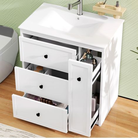 Mueble de baño independiente de 76x46x82 cm con 4 cajones de almacenamiento, lavabo cerámico integrado, MDF blanco (1/5)
