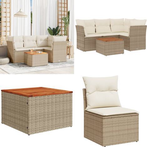 5-tlg. Garten-Sofagarnitur mit Kissen Beige Poly Rattan - Gartenmöbel Set - Esszimmergarnitur Outdoor - Lounge Möbel - Rattan Sofa - Gartenlounge - Home & Living (1/5)