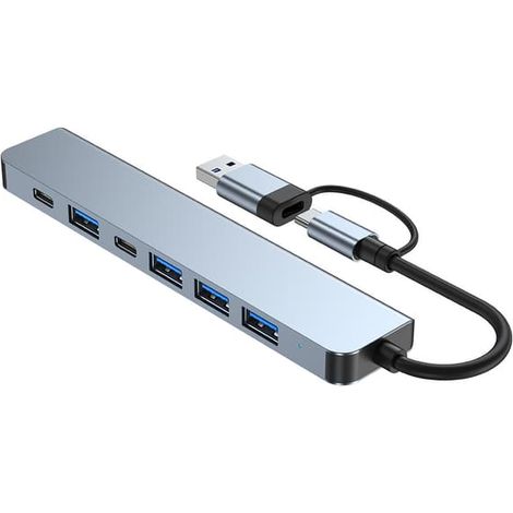 Hub USB-C/USB 2 en 1 à 7 ports USB 3.0 pour Windows et macOS (Gris) (1/5)