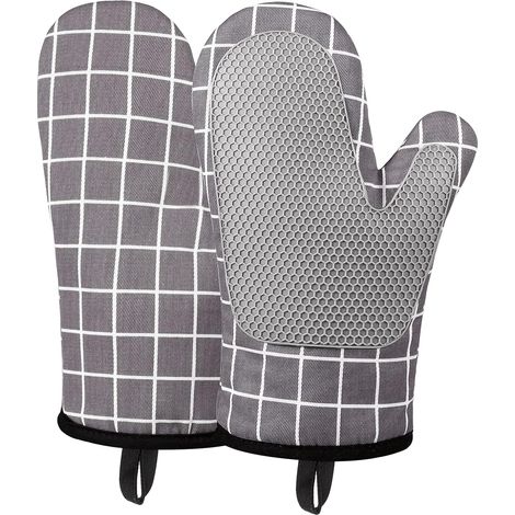 Par de guantes de cocina de silicona y algodón resistentes al calor y antideslizantes, color gris.