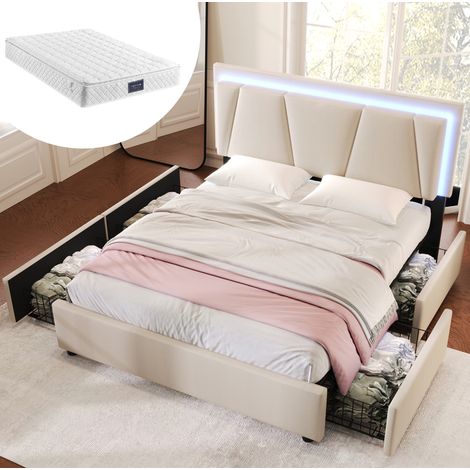 Cama tapizada LED con 4 cajones, cabecero regulable, 160x200 cm, beige (1/5)