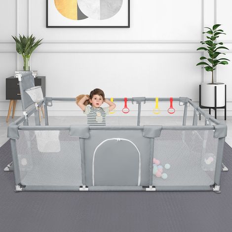 Baby-Laufgitter, Kinderschutzgitter mit atmungsaktivem Netz, großer Sicherheitsspielfläche, mit Mini-Basketballkorb und 50 Bällen – Grau (180 x 120 x 66 cm) (1/5)