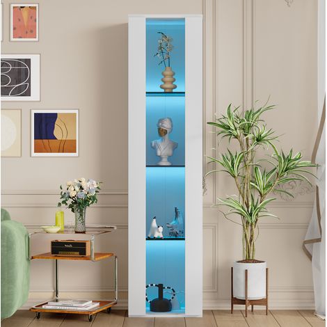 Vitrina 40x29x170 cm de tablero de partículas y acrílico con iluminación LED, 4 estantes y 2 puertas, blanco (1/5)