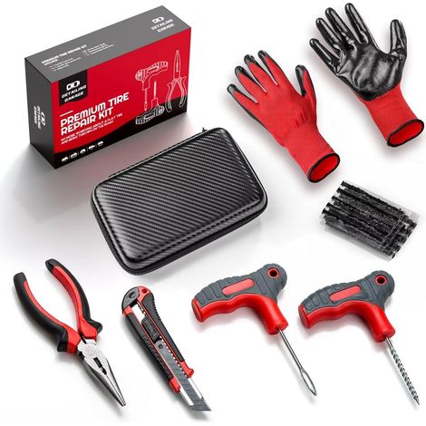 Kit de réparation de pneus, 20 mèches, voiture, moto et camionnette Outils d'insertion, sonde spirale, gants, pince, couteau et étui pour crevaisons de voiture, moto et camionnette (1/5)