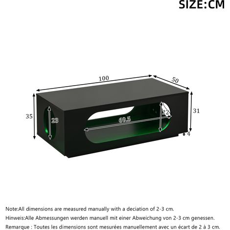 Table basse LED connectée 100x50x35cm MDF, charge max 30kg, noir brillant ajouré, table de salon avec vaste rangement, table d'appoint pilotable par App