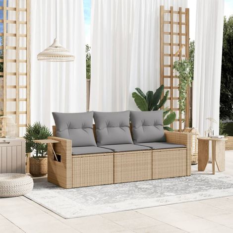 Ensemble de canapé de jardin 3 pièces avec coussins, en polyrotin beige (1/3)