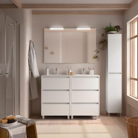 Meubles de salle de bains NOJA 1200 6 tiroirs BLANC SATIN + meuble lavabo + miroir (1/3)