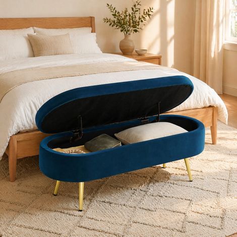 CHICFURN Banco baúl 110x40x42 cm en terciopelo azul, patas metálicas, almacenamiento 20 L (1/5)