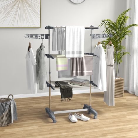 Étendoir à linge pliable gris en acier avec 6 roulettes et barres latérales réglables (1/5)