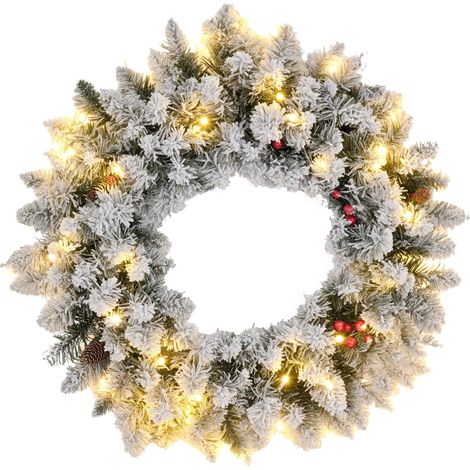 Couronne de Noël porte artificielle 60 CM avec pommes de pin et grappes de baies, lumières LED et minuterie vert (1/5)
