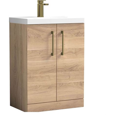 Balterley Bramshall Contemporary Bathroom Floor Standing 2-Door Vanity & Basin, Bleached Oak, 600mm