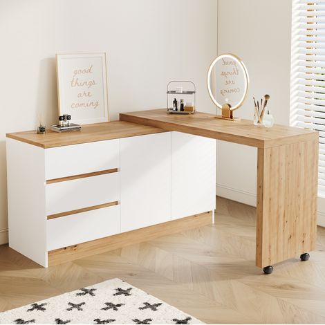 Escritorio plegable giratorio 120 x 50 x 78 cm con ruedas con freno, blanco/roble DESVIAE (1/5)