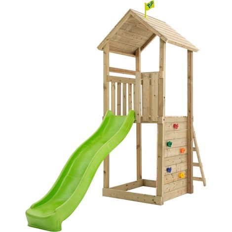 Tp Toys – Tour de jeux plateforme 270 cm – Toboggan CrazyWavy 220 cm – Bac à sable – Mur d'escalade – Bois autoclave classe III