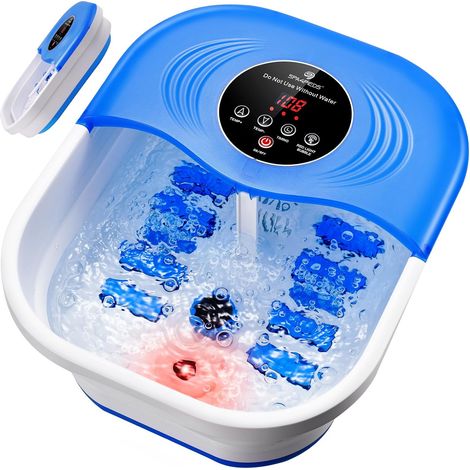 Bain de Pieds Massant Chauffant Pliable, Spa pour Pied avec Bulles, Minuterie, Lumière Rouge Infrarouge, Pierre Ponce, Température LCD Précise Réglable, Pédiluve pour Détendre les Pieds, Bleu (1/5)