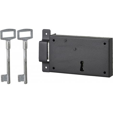 Thirard – Serrure horizontale en applique à clé pour porte de cave – Pêne seul gauche – Axe 80mm – Dimensions 140x80mm – Coffre acier cambré – 2 clés