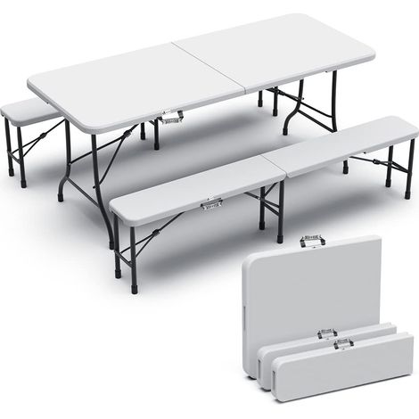 Ensemble Table Pliante et Bancs Pliables Camping 180cm HDPE Style Polyrotin 8 Places Fonction Portable Convient pour la Terrasse, Le Camping, Le Jardin, Table de Pique-Nique Blanc (1/5)