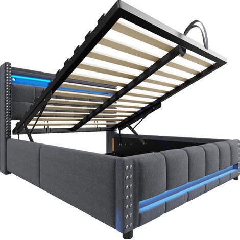Cama doble capitoné 160x200 cm gris con LED, USB y almacenaje hidráulico (1/5)