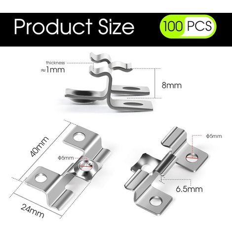 100 Clips WPC en acier inoxydable fixation pour terrasse 6.5mm Clips de fixation invisible Plage de serrage 6.5 mm, Argent (1/4)