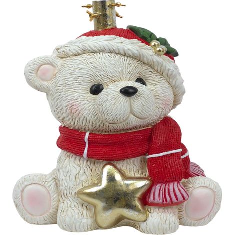 Base per Albero di Natale Forma Orsetto Bianco con Sciarpa Rossa e Stella Oro H45 Supporto Piede in Poliresina con Tubolare a 4 Viti Portaalbero ORSO POLARE (1/4)