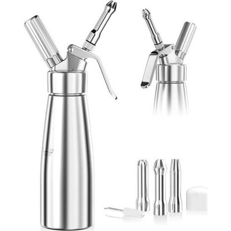 Siphon à crème chantilly 500 ml en aluminium avec 3 douilles inox et brosse de nettoyage – idéal pour décorer gâteaux et desserts (1/4)