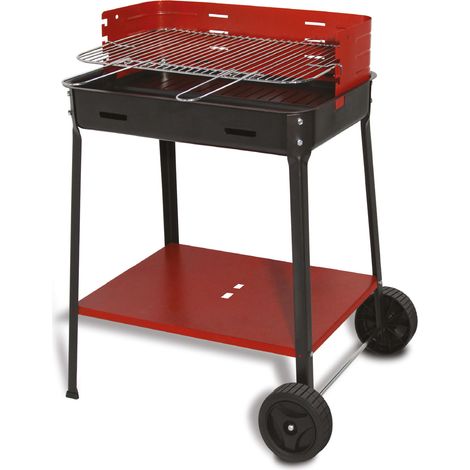 Barbecue a Carbone Flavia 45x35x80 cm Griglia Regolabile a 3 Altezze con Ruote in Acciaio Nero e Rosso