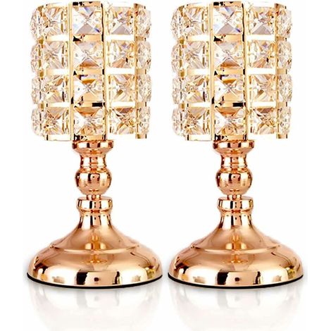 Bougeoirs en Cristal doré Lot de 2 Bougies Chauffe-Plat cylindriques en métal Bougeoir Luxueux de 20 cm de Haut Ornements pour centres de Table de Mariage de Salon de Noël (Petit)