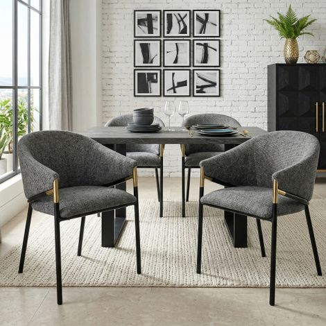 4 Esszimmerstühle, bequem und atmungsaktiv, geeignet für Esszimmer, Wohnzimmer, Cafés usw., moderner Stil, Chenil,Handläufe aus goldfarbenem Edelstahl, grau