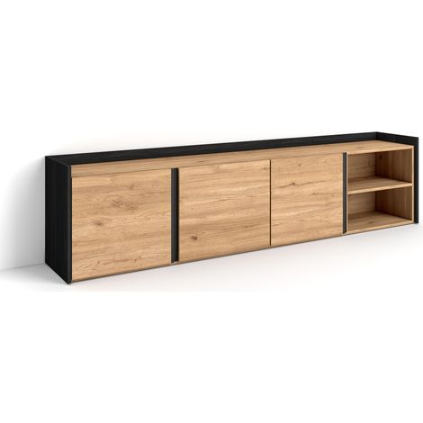 Skraut Home - Meuble TV, Banc Télé, Grand espace de Rangement, 207x35x50 cm, Pour les TV jusqu'à 80", Meubles de salon, Style moderne, Chêne et noir (1/5)