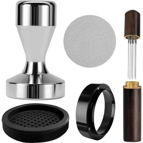 Espresso Tamper - Tasseur Café 51mm - Kit d’Accessoires pour Machines à Café Lot de 5, avec Tapis Tamper, Tamis à marc de café, Agitateur, Anneau récepteur de poudre