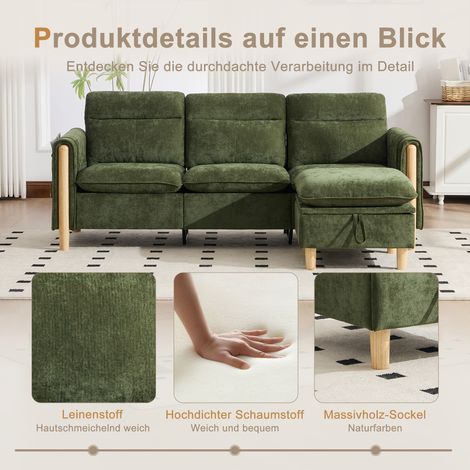 Set di divani a tre posti in stile nordico con pouf contenitore, divano angolare in tessuto con tasche laterali e gambe del tavolino in legno, ideale per soggiorni e piccoli spazi (ciniglia verde) (1/5)