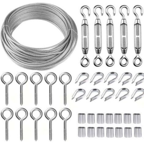 Stainless Steel Hanging Rope Set, 30m/2mm Coated Stainless Steel Cable with M5 Tensioners, 2mm Wire Rope Set for Climbing Plants, Clothesline, Guardrail, Railing Cable