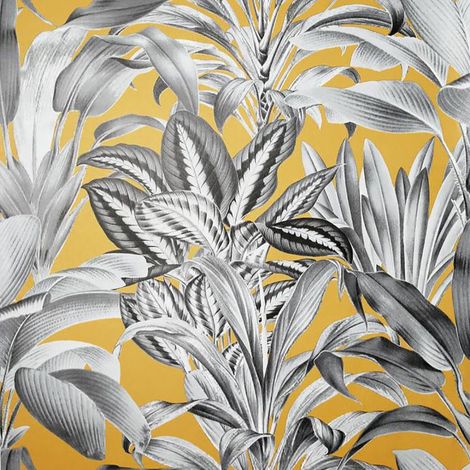 Greenhouse Plants Wallpaper Arthouse Tropical Jungle Grey Ochre Yellow (1/3)