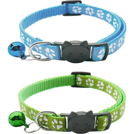 2 Pièces Collier Chat Avec Fermoir De Sécurité Et Grelot, Colliers En Nylon Réglables Pour Petits Chats À Porter À L'Extérieur (Vert, Bleu) (1/5)