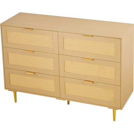 Mophorn Cómoda de ratán con 6 cajones, tiradores y patas metálicas, amplio espacio de almacenamiento,mueble moderno para dormitorio, sala de estar o entrada, 120 x 39,5 x 85,4 cm, color madera natural (1/5)