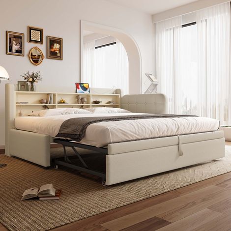 Lit banquette gigogne 90x200 cm beige en lin, couchage coulissant 90x189 cm, USB et USB-C, tête de lit avec rangements, sommier à lattes inclus, sans matelas (1/5)