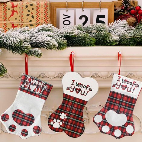 Chaussette de Noel Personnalisé,Chaussettes de Noel a Suspendre,Chaussettes Noel Cheminée à Remplir,3 Pièces Créative Type de Griffe d'animal en Forme D'os Christmas Stockings (1/5)