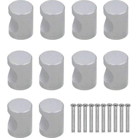 Paquete de 10 pomos cilíndricos plateados con tornillos, utilizados para cajones, armarios, alacenas, tocadores, dormitorios, cocinas. (1/5)