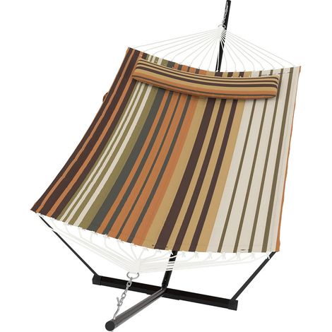 Hamac 2 Places avec Support - Hamac Double avec Oreiller et Corde d'Équilibre - Charge Max 205 kg - Jardin - Marron (1/5)