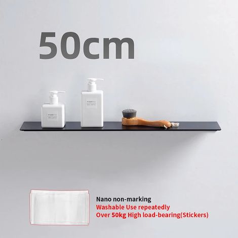 (Noir - 50 cm) Petite étagère murale flottante blanche sans perçage pour salle de bain, porte-shampoing et accessoires de cuisine. (1/5)