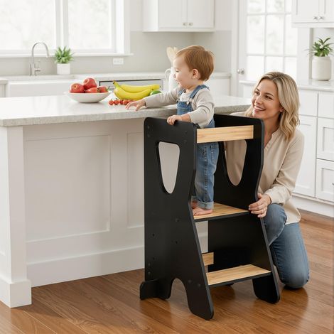 Tour d Observation Réglable en Hauteur pour Enfants de 18 Mois à 6 Ans, Chaise d Apprentissage en Bois Sécurisée, Design en Forme de R Stable et Moderne, Naturel (1/5)