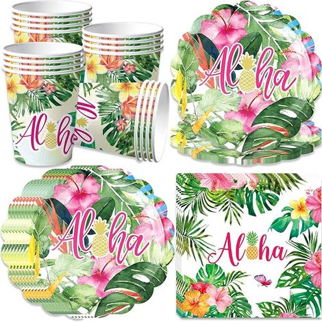 Lot de vaisselle de fête d'anniversaire, assiettes en carton hawaïen, tasses, serviettes, vaisselle invités, garçons et filles, feuilles de palmier, guirlande tropicale, fête (1/5)