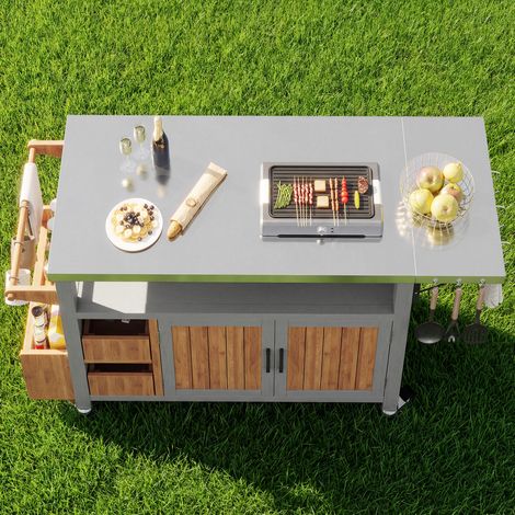 Table de camping pour barbecue, chariot de jardin déplaçable, table d'extérieur imperméable, plan de travail acier inoxydable, support de service avec tablette latérale escamotable, 3 crochets, rangem (1/5)