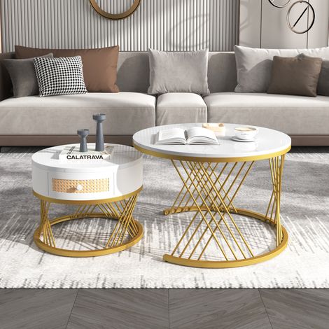 Lot de 2 tables basses gigognes - dessus effet marbre - tiroirs en rotin - structure dorée - Blanc (1/5)